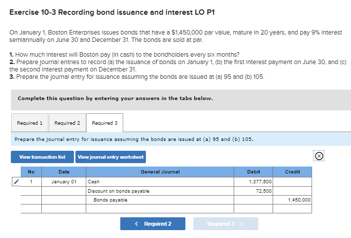 Solved Exercise 10-3 Recording bond issuance and interest LO 