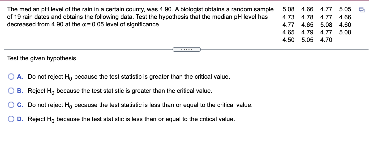 Solved The median pH level of the rain in a certain county,