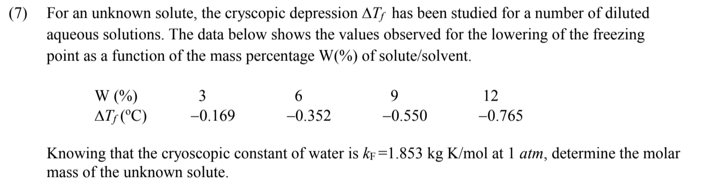 Solved (7) For an unknown solute, the cryscopic depression | Chegg.com