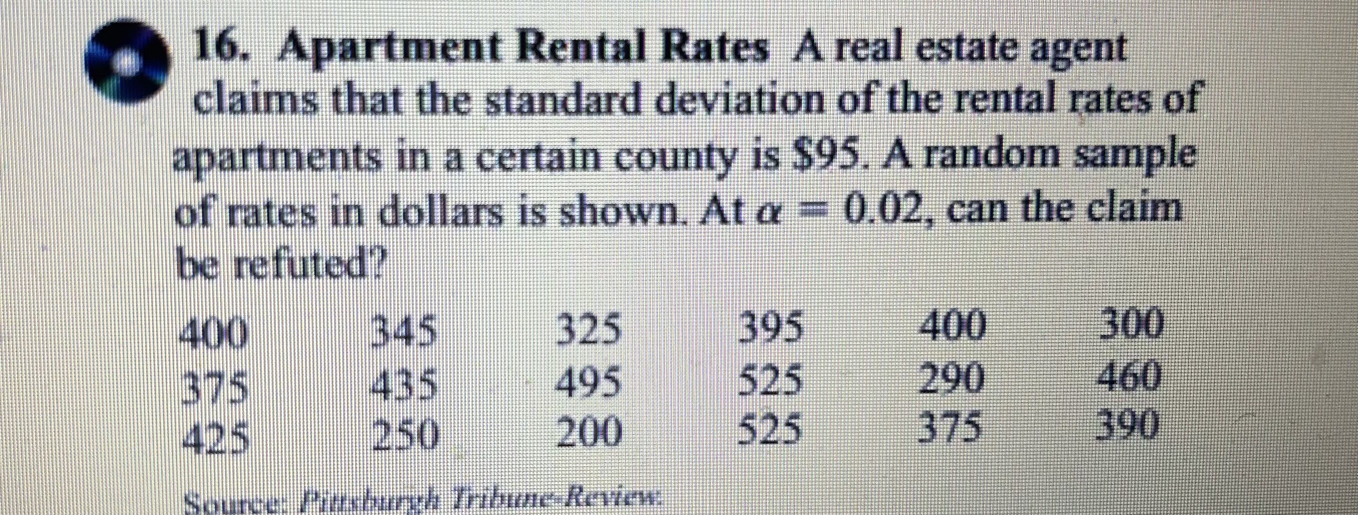 Solved 16. Apartment Rental Rates A real estate agent claims | Chegg.com
