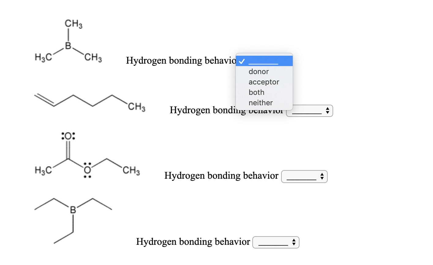 Solved Hydrogen bonding behavio donor acceptor both neither | Chegg.com