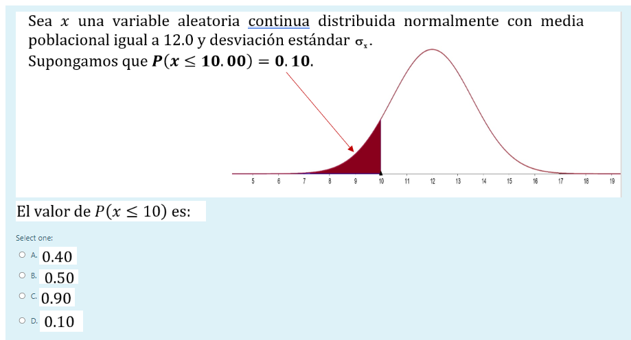 Sea x una variable aleatoria continua distribuida normalmente con media poblacional igual a 12.0 y desviación estándar oz. Su