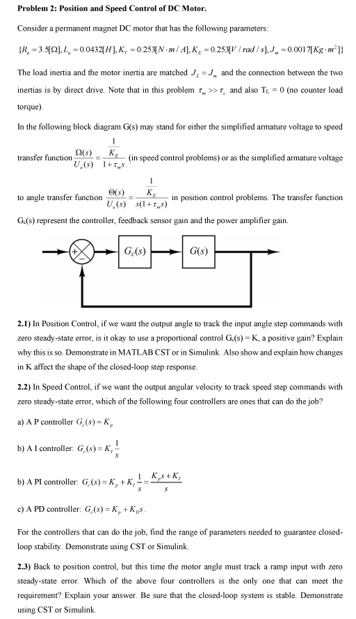 Problem 2: Position and Speed Control of DC Motor. | Chegg.com