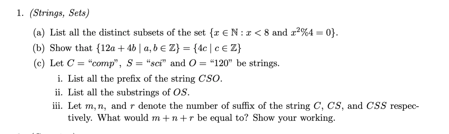 Solved = = = - 1. (Strings, Sets) (a) List all the distinct | Chegg.com