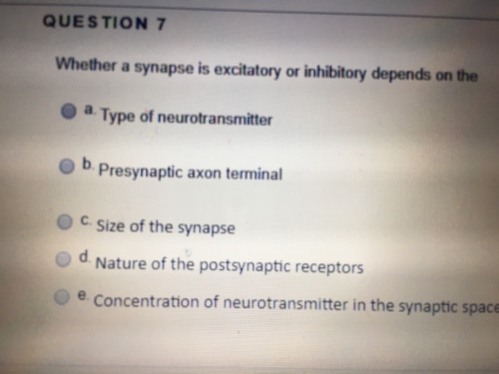 Solved QUESTION 7 Whether a synapse is excitatory or