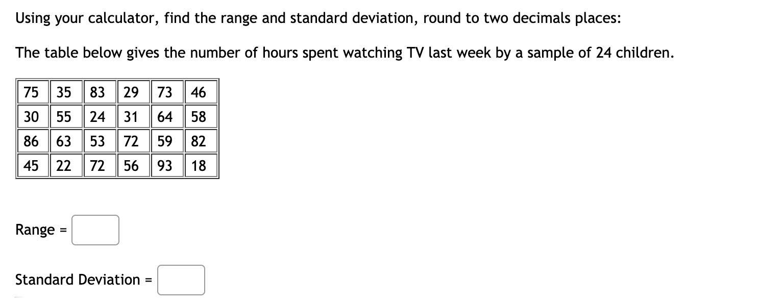 Solved Using your calculator, find the range and standard | Chegg.com