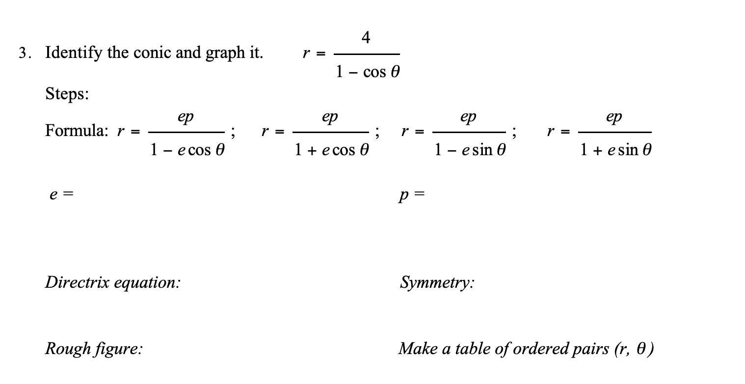 Solved 4 3. Identify the conic and graph it. r 1 – cos e | Chegg.com