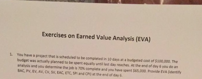 Solved Exercises on Earned Value Analysis (EVA) You have a | Chegg.com