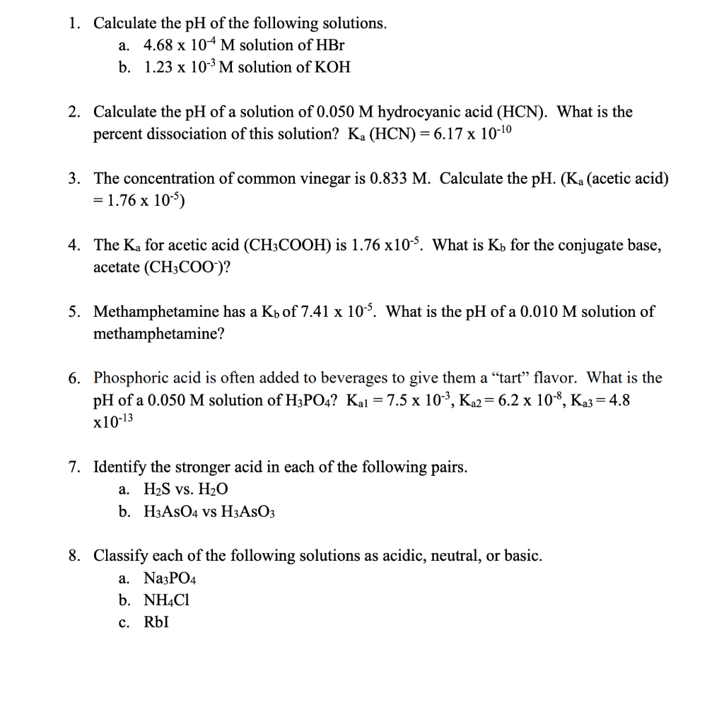 Solved 1. Calculate the pH of the following solutions. a. | Chegg.com