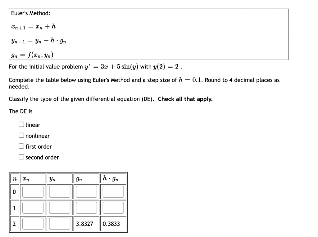 Solved Euler S Method Xn 1 Xn Hyn 1 Yn H⋅gngn F Xn Yn For