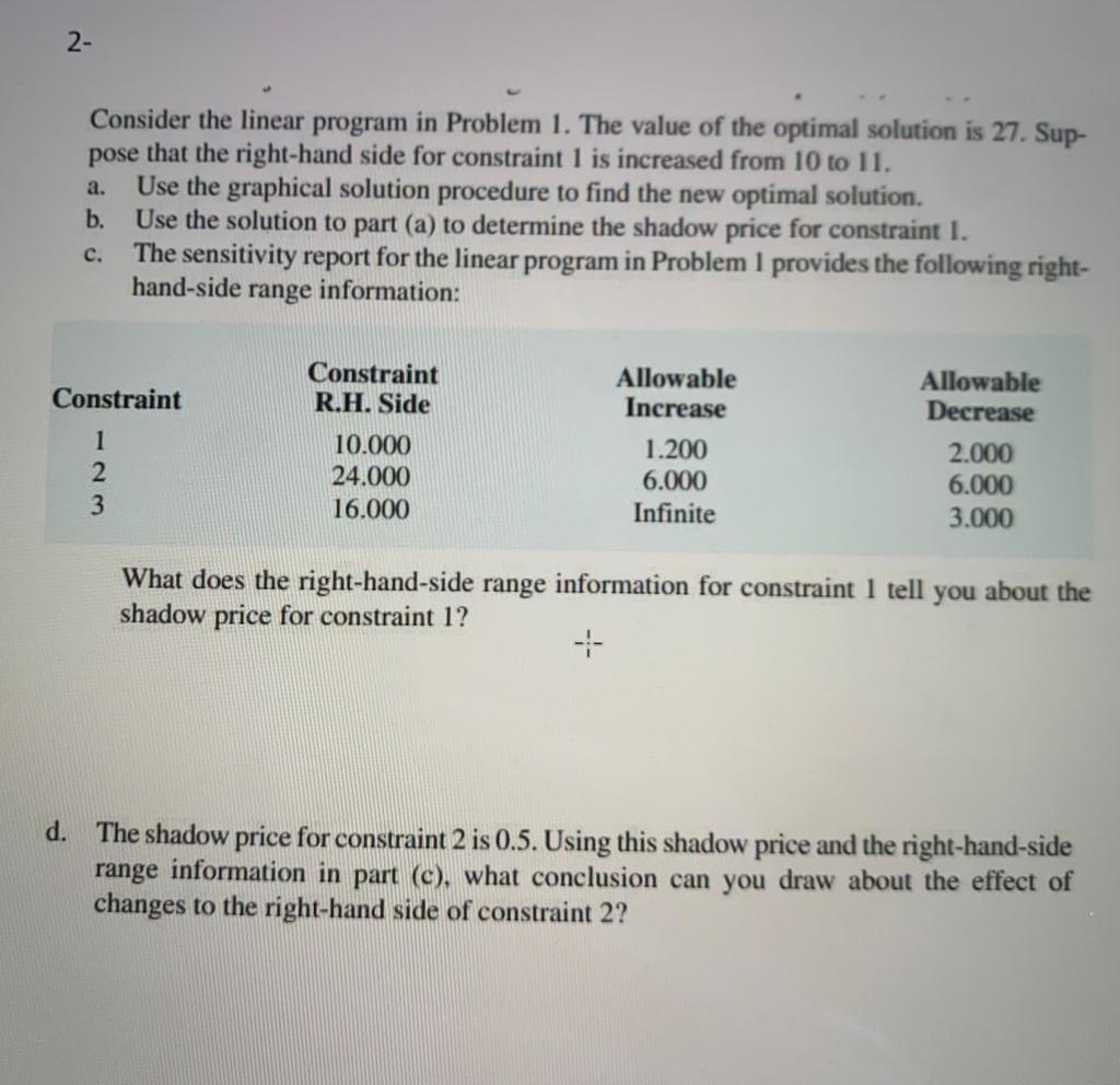 Solved 2- a. Consider the linear program in Problem 1. The | Chegg.com