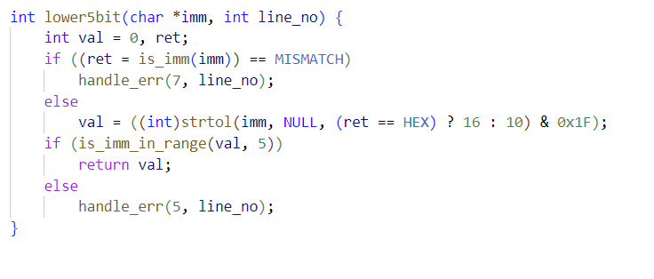 Solved int lower5bit(char *imm, int line_no \{ int val | Chegg.com