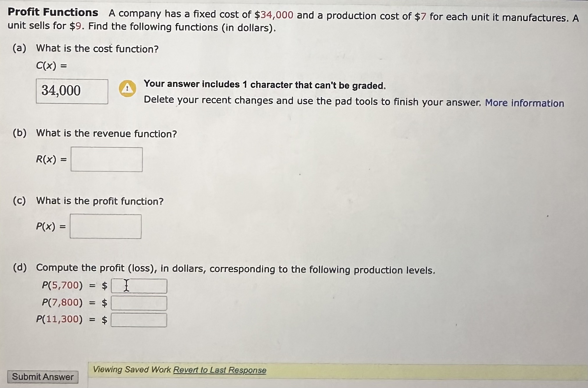 Solved Profit Functions A company has a fixed cost of | Chegg.com
