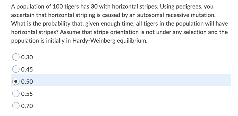 Solved A population of 100 tigers has 30 with horizontal | Chegg.com