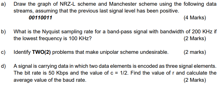 1) Draw the graph of NRZ-L scheme and Manchester scheme using the following data streams, assuming that the previous last sig