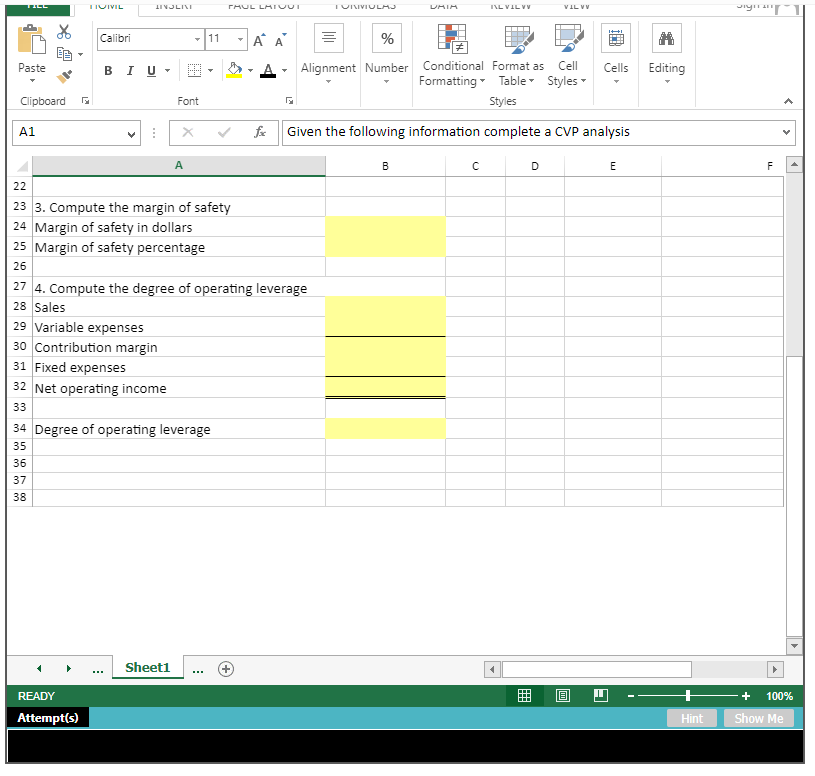 Solved CVP Analysis - Excel ? क 0 X FILE HOME INSERT PAGE | Chegg.com