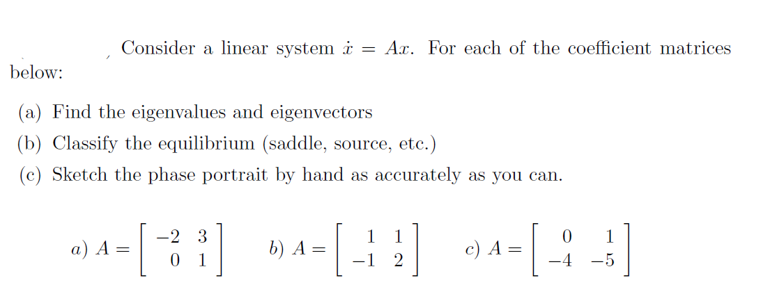 Solved Consider a linear system i = Ax. For each of the | Chegg.com