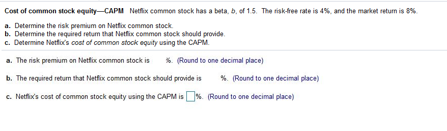 Solved Cost Of Common Stock Equity-CAPM Netflix Common Stock | Chegg.com