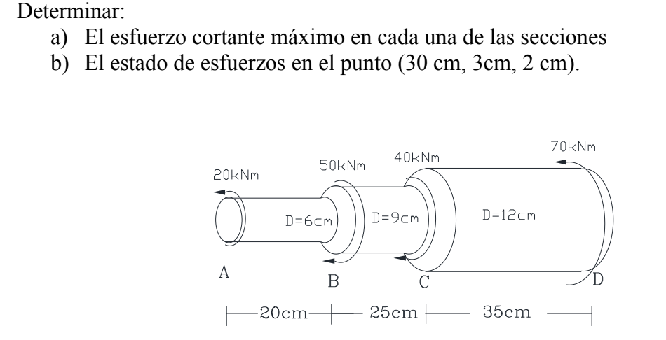 Determinar: a) El esfuerzo cortante máximo en cada una de las secciones b) El estado de esfuerzos en el punto \( (30 \mathrm{