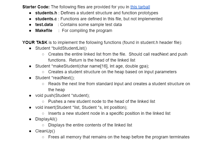 Starter Code: The following files are provided for | Chegg.com