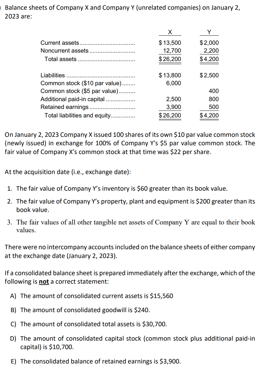 Solved Balance Sheets Of Company X And Company Y (unrelated | Chegg.com