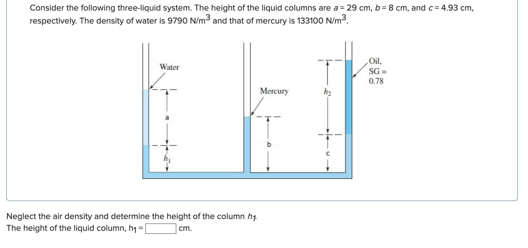 Consider the following three-liquid system. The height of the liquid columns are \( a=29 \mathrm{~cm}, b=8 \mathrm{~cm} \), a