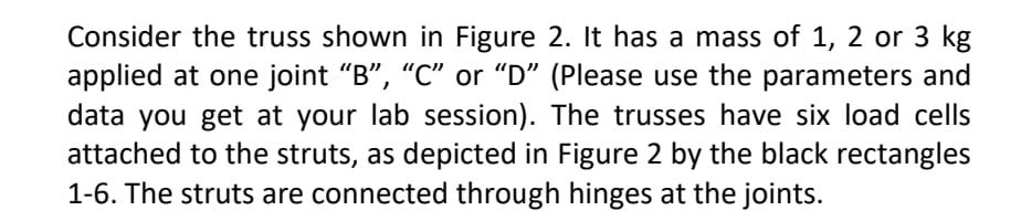 Consider the truss shown in Figure 2 . It has a mass of 1,2 or \( 3 \mathrm{~kg} \) applied at one joint  \( \mathrm{B} \) 