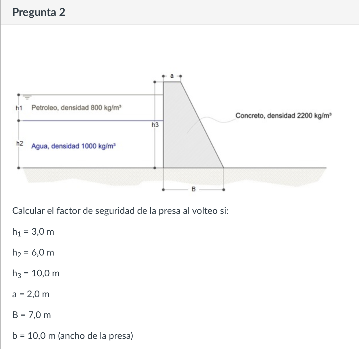 Calcular el factor de seguridad de la presa al volteo si: \[ \begin{array}{l} \mathrm{h}_{1}=3,0 \mathrm{~m} \\ \mathrm{~h}_{