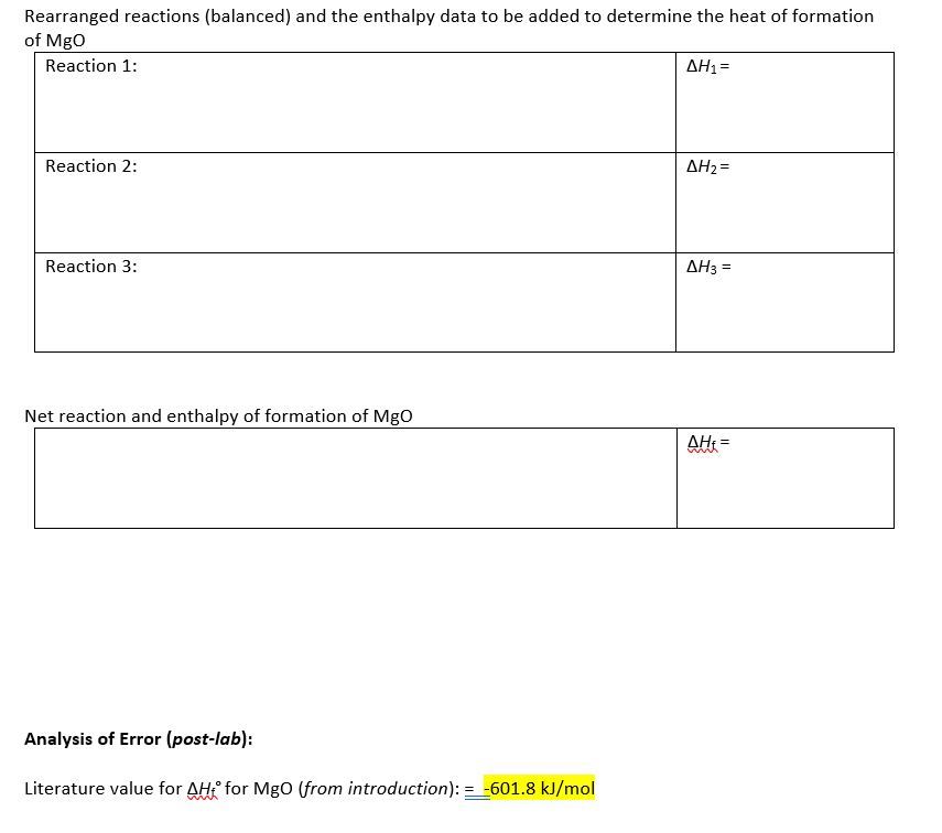 Solved Results and Analysis of Enthalpy Data (post-lab): | Chegg.com