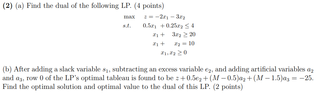Solved (2) (a) Find the dual of the following LP. (4 points) | Chegg.com