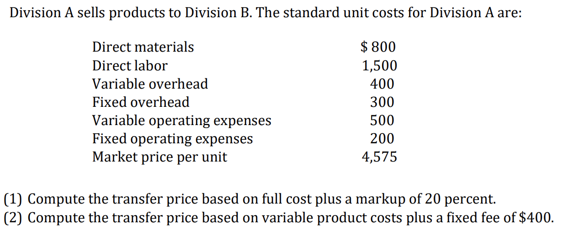 Solved Division A sells products to Division B. The standard | Chegg.com