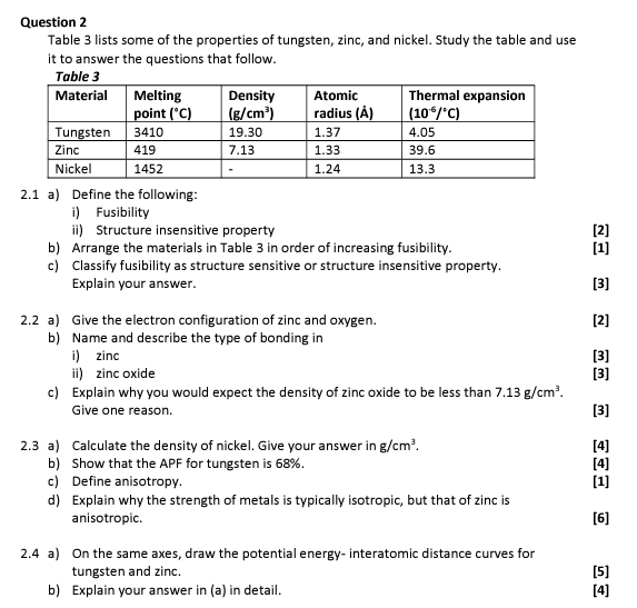 Solved Question 2 Table 3 lists some of the properties of | Chegg.com