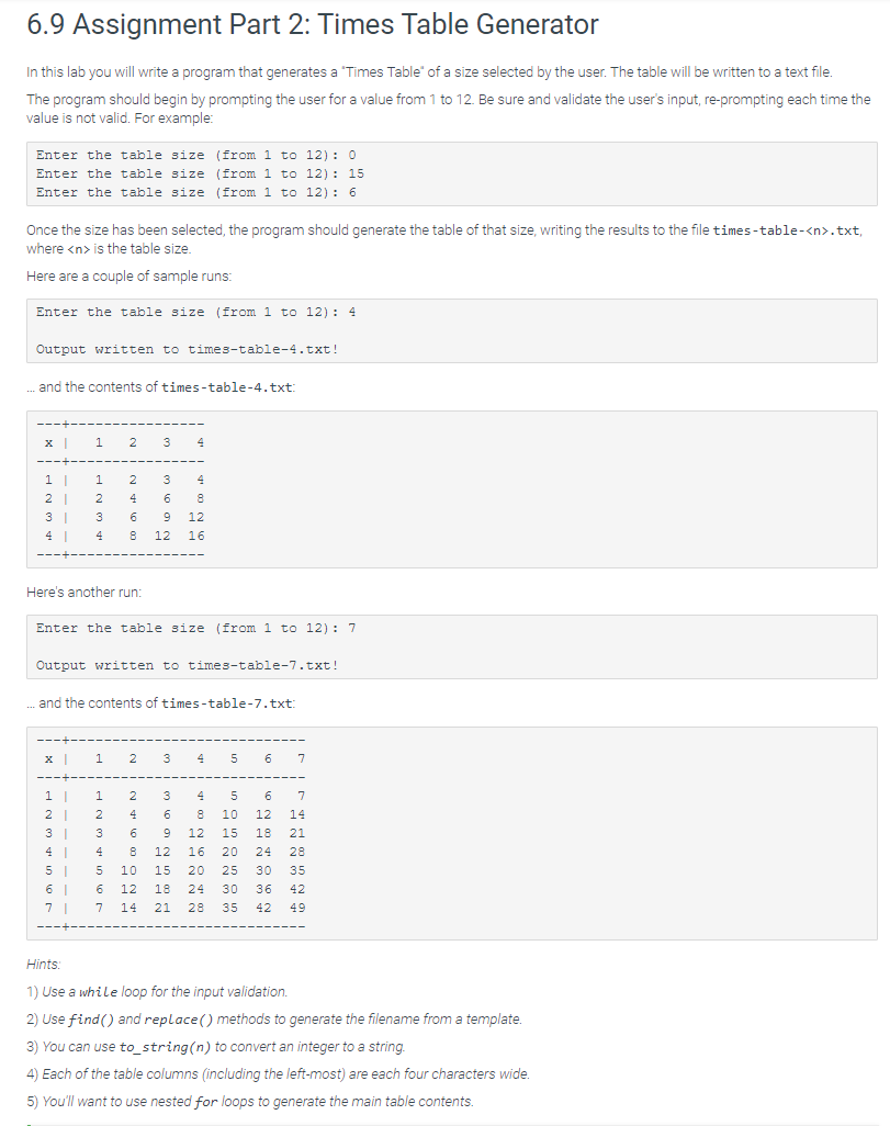 Solved 6.9 Assignment Part 2 Times Table Generator In this