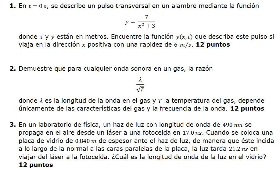 En \( t=0 \mathrm{~s} \), se describe un pulso transversal en un alambre mediante la función \[ y=\frac{7}{x^{2}+3} \] donde