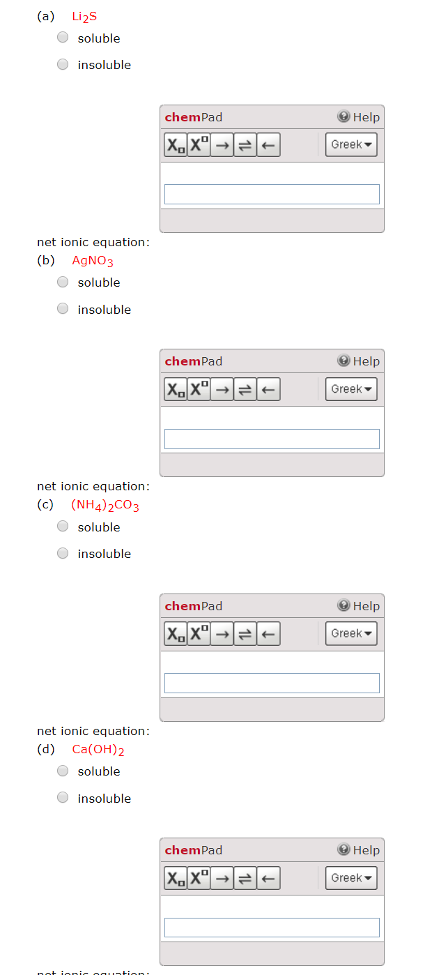 Solved Using solubility rules, decide whether the following | Chegg.com