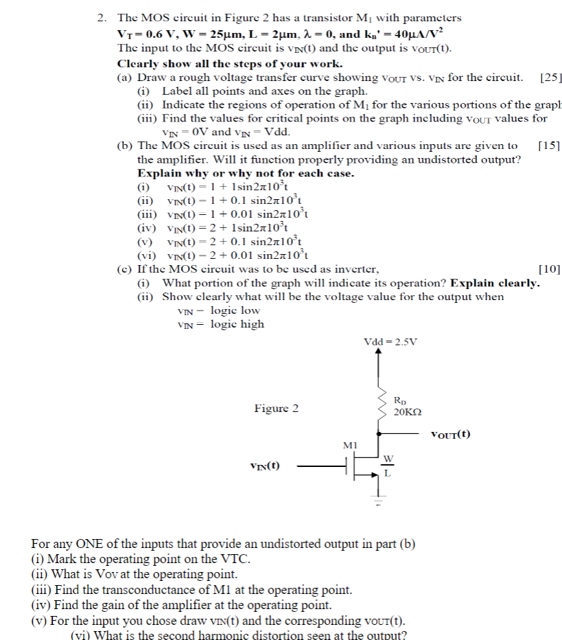 Solved 2 The Mos Circuit In Figure 2 Has A Transistor Mi Chegg Com