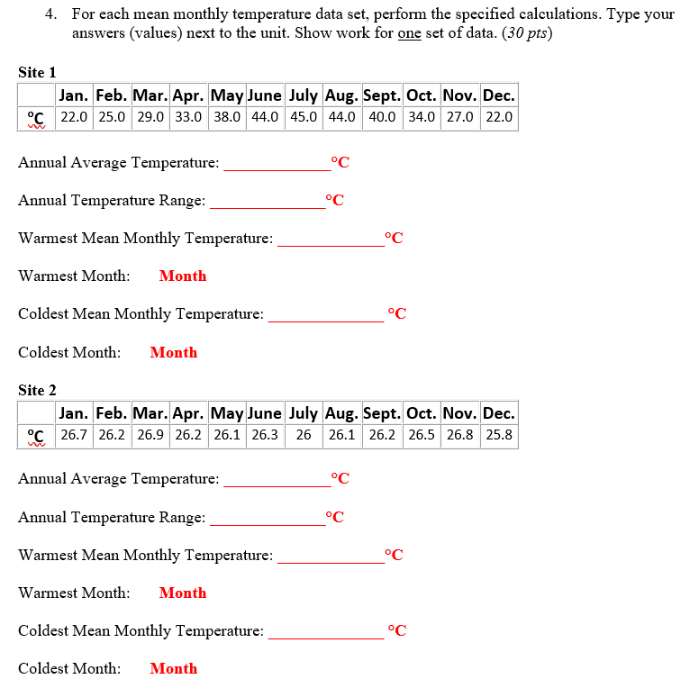 Solved 4. For each mean monthly temperature data set, | Chegg.com