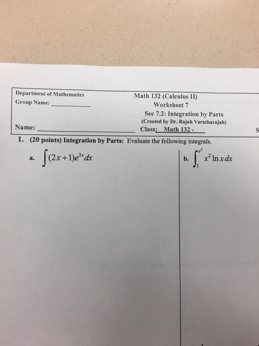 Solved Department of Mathematics Group Name: Math 132 | Chegg.com