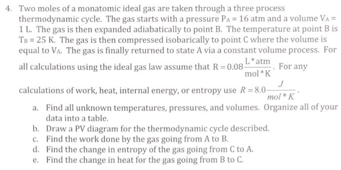 Solved Two Moles Of A Monatomic Ideal Gas Are Taken Through | Chegg.com