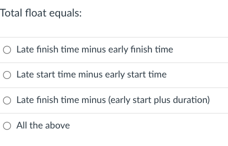 Solved Total float equals: Late finish time minus early | Chegg.com