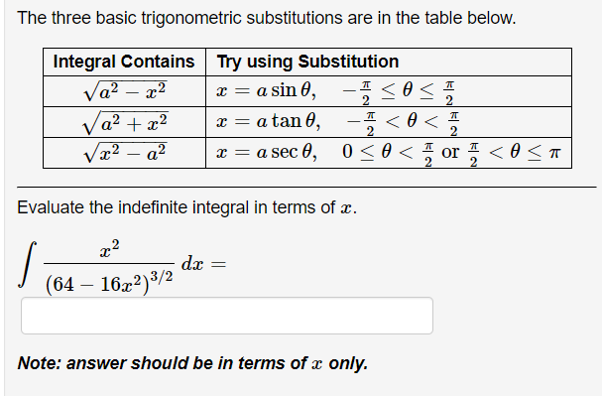 Solved The Three Basic Trigonometric Substitutions Are In | Chegg.com