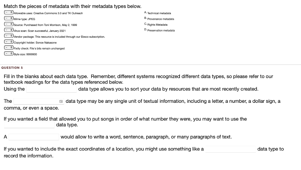 Match the pieces of metadata with their metadata | Chegg.com