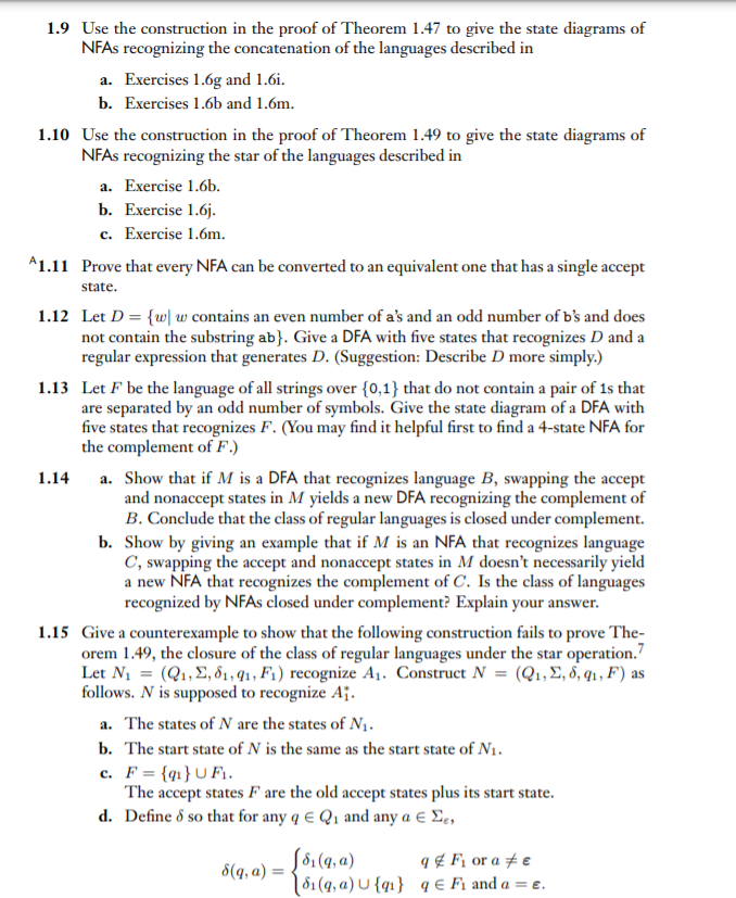 Solved c. 1.9 Use the construction in the proof of Theorem | Chegg.com