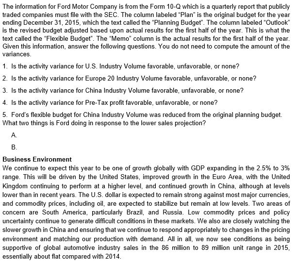 Solved The information for Ford Motor Company is from the