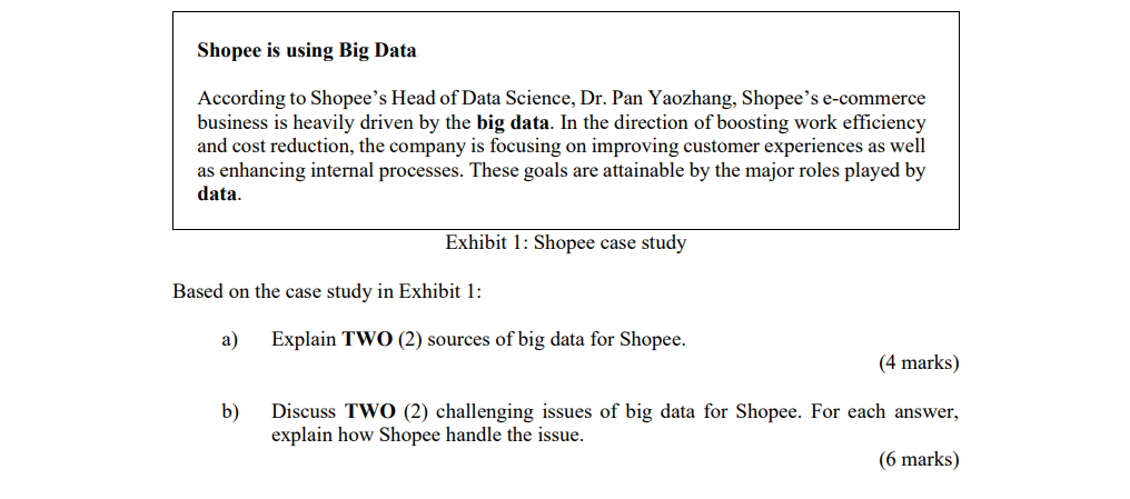 Solved Shopee is using Big Data According to Shopee's Head | Chegg.com