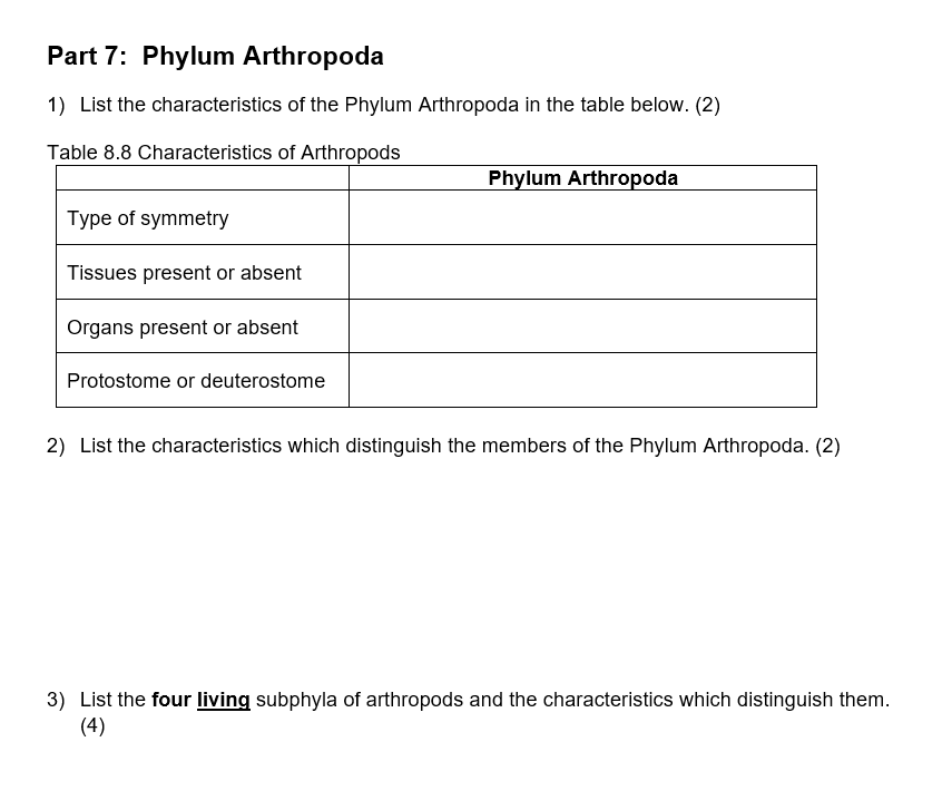 Solved Part 7: Phylum Arthropoda 1) List the characteristics | Chegg.com