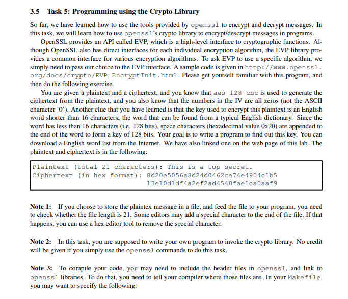 3.5 Task 5: Programming using the Crypto Library So | Chegg.com