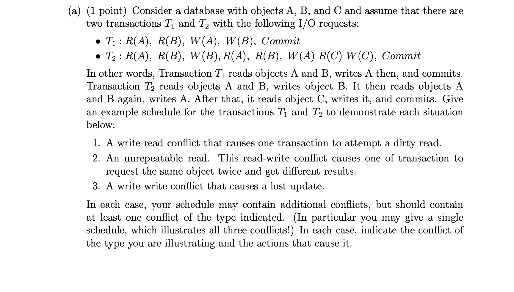 Solved (1 point) Consider a database with objects A,B, and C | Chegg.com