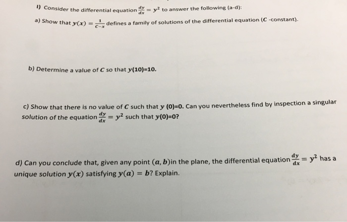 Solved Consider the differential equation dy/dx = y^2 to | Chegg.com