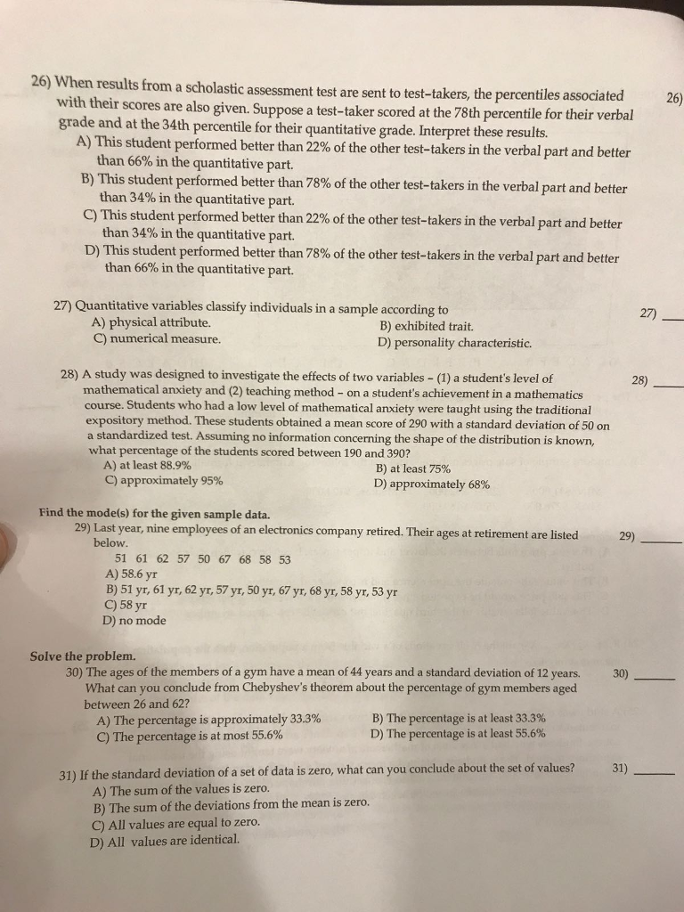 Solved 26 When Results From A Scholastic Assessment Test Chegg